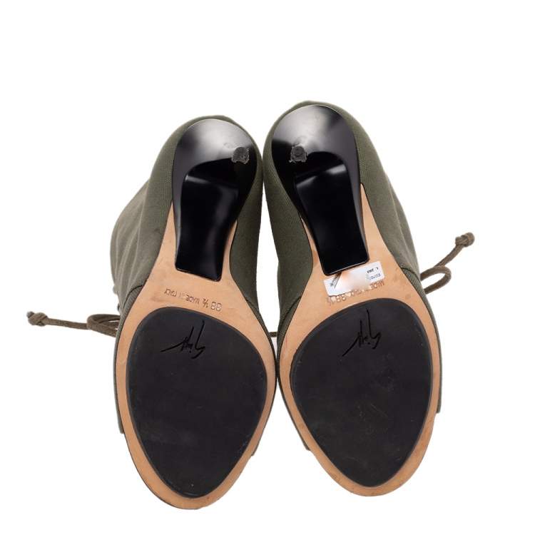 مملوكة مسبقًا Giuseppe Zanotti Green Canvas And Suede Lace Up Peep Toe Booties Size 38.5
