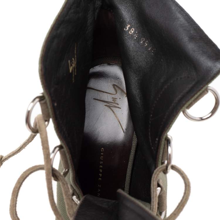 مملوكة مسبقًا Giuseppe Zanotti Green Canvas And Suede Lace Up Peep Toe Booties Size 38.5
