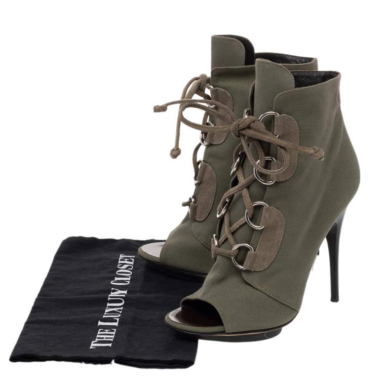 مملوكة مسبقًا Giuseppe Zanotti Green Canvas And Suede Lace Up Peep Toe Booties Size 38.5