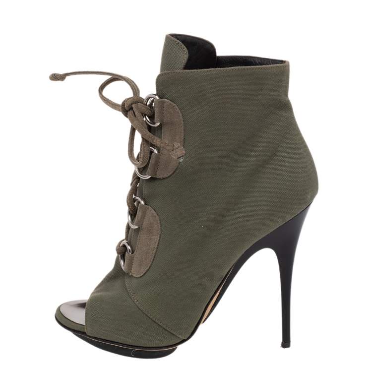 مملوكة مسبقًا Giuseppe Zanotti Green Canvas And Suede Lace Up Peep Toe Booties Size 38.5
