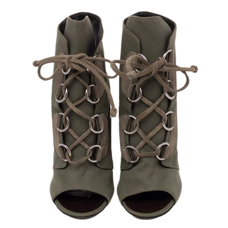 مملوكة مسبقًا Giuseppe Zanotti Green Canvas And Suede Lace Up Peep Toe Booties Size 38.5