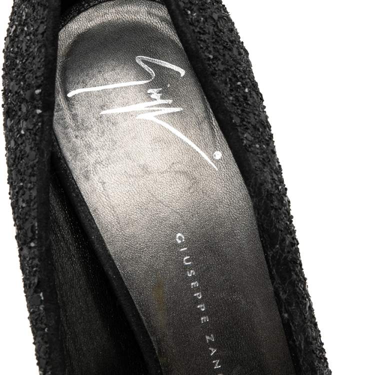 Pre Owned Giuseppe Zanotti Black Glitter Sharon Peep Toe Pumps Size 37.5