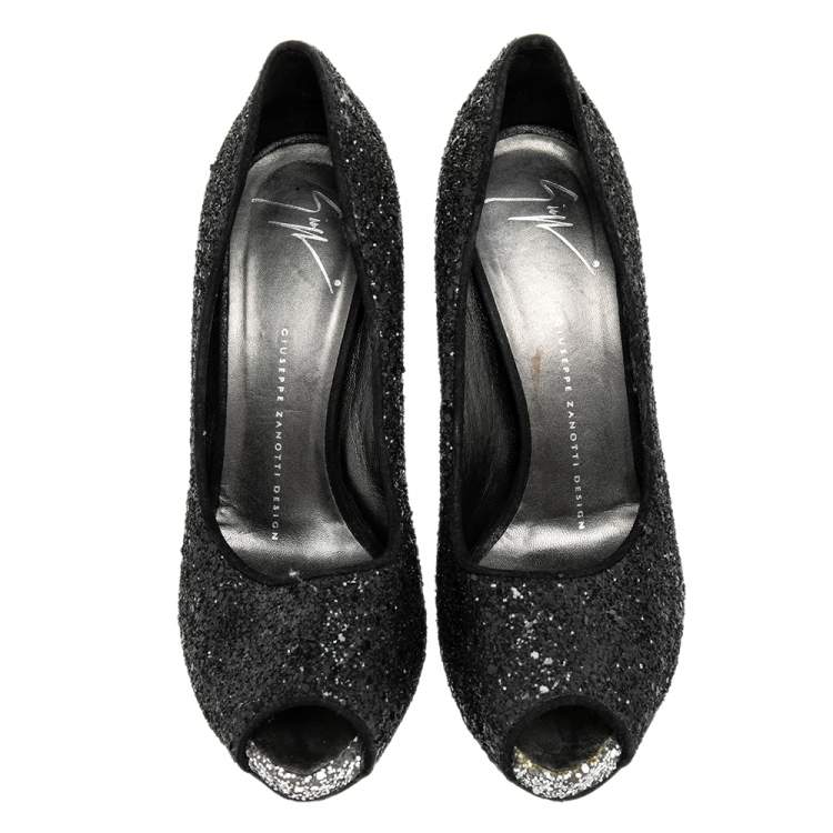 Pre Owned Giuseppe Zanotti Black Glitter Sharon Peep Toe Pumps Size 37.5