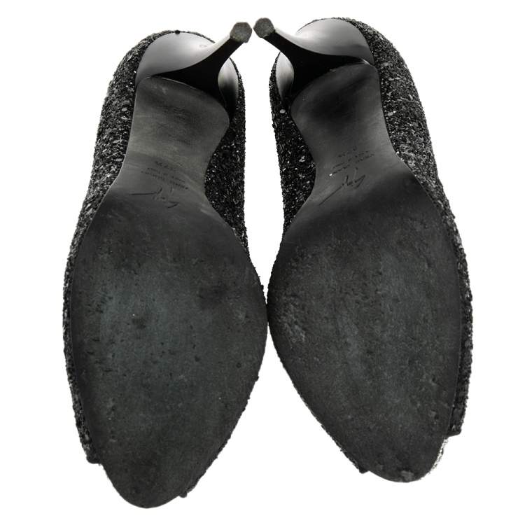 Pre Owned Giuseppe Zanotti Black Glitter Sharon Peep Toe Pumps Size 37.5