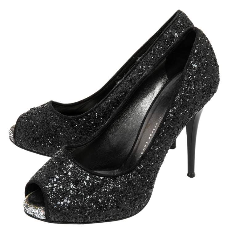 Pre Owned Giuseppe Zanotti Black Glitter Sharon Peep Toe Pumps Size 37.5