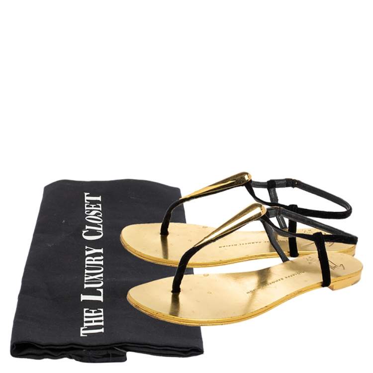 Pre Owned Giuseppe Zanotti Gold/Black Suede and Leather Thong Flats Size 38.5