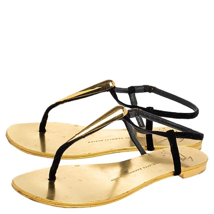 Pre Owned Giuseppe Zanotti Gold/Black Suede and Leather Thong Flats Size 38.5