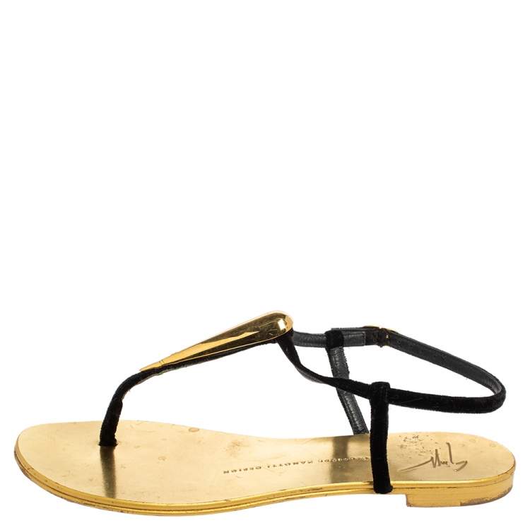 Pre Owned Giuseppe Zanotti Gold/Black Suede and Leather Thong Flats Size 38.5