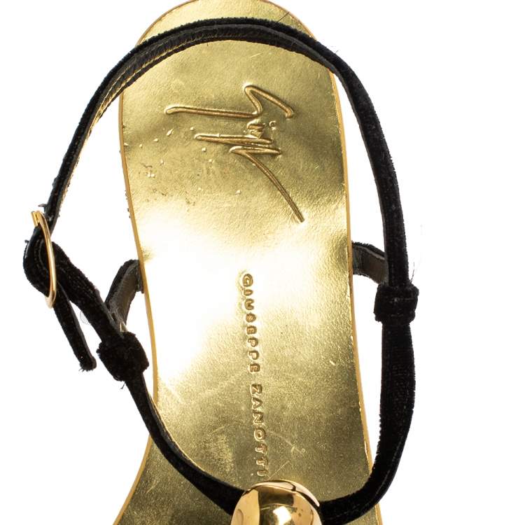 Pre Owned Giuseppe Zanotti Gold/Black Suede and Leather Thong Flats Size 38.5