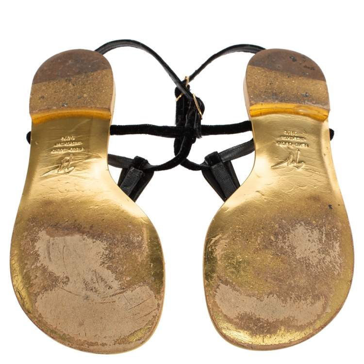 Pre Owned Giuseppe Zanotti Gold/Black Suede and Leather Thong Flats Size 38.5
