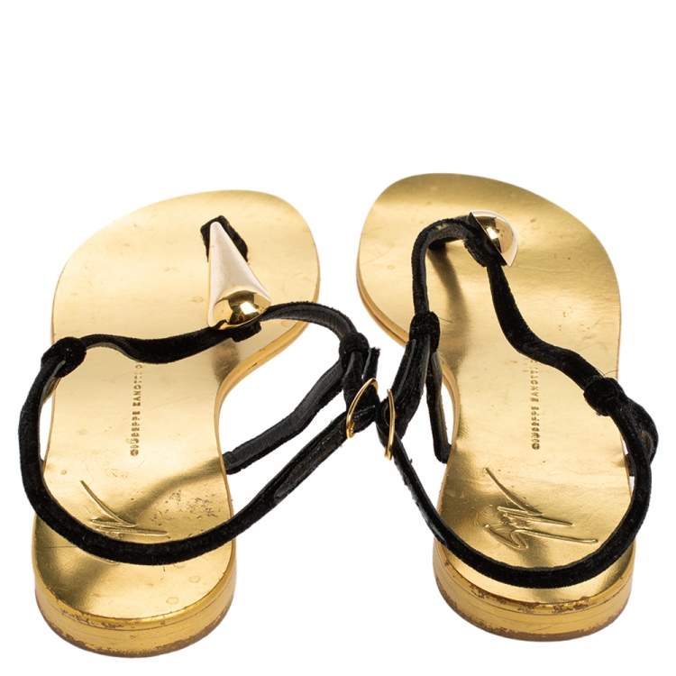 Pre Owned Giuseppe Zanotti Gold/Black Suede and Leather Thong Flats Size 38.5