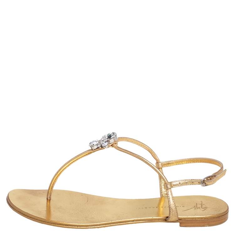 Pre Owned Giuseppe Zanotti Gold Leather Thong Flat Sandals Size 38.5