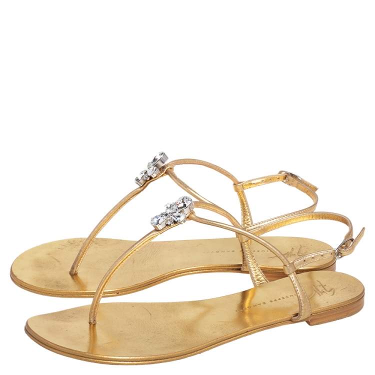 Pre Owned Giuseppe Zanotti Gold Leather Thong Flat Sandals Size 38.5