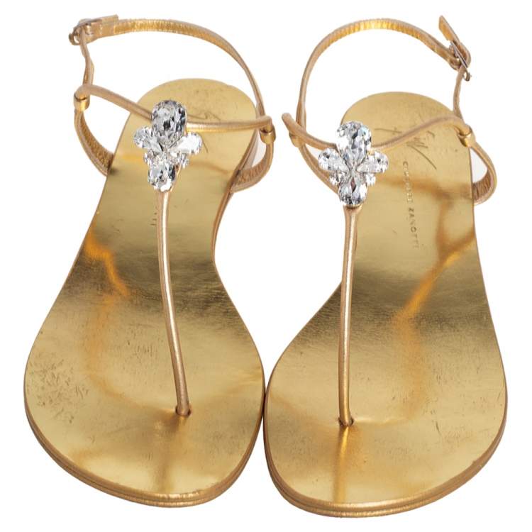 Pre Owned Giuseppe Zanotti Gold Leather Thong Flat Sandals Size 38.5