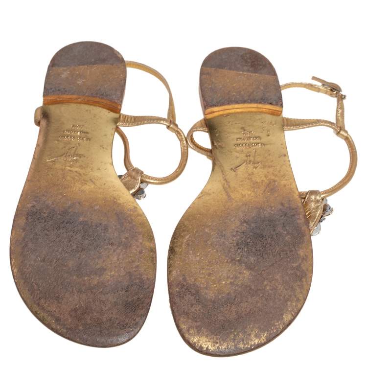Pre Owned Giuseppe Zanotti Gold Leather Thong Flat Sandals Size 38.5