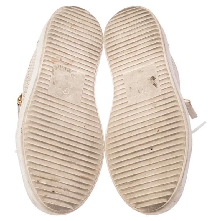 Pre Owned Giuseppe Zanotti Gold/Cream Python Embossed Leather And Leather Double Zip Low Top Sneakers Size 39