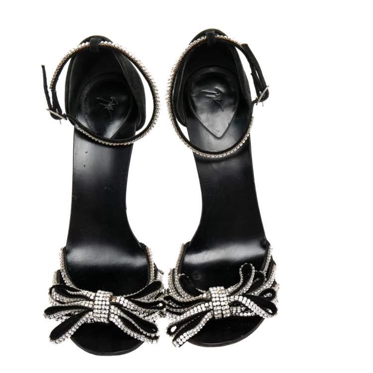 Pre Owned Giuseppe Zanotti Black Suede Crystal Embellished Bow Detail Ankle Strap Sandals Size 39