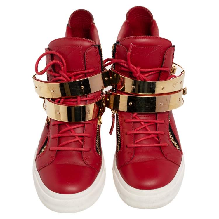 Pre Owned Giuseppe Zanotti Red Leather London Double Buckle High Top Sneakers Size 39 