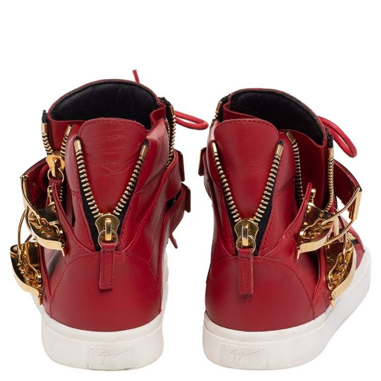 Pre Owned Giuseppe Zanotti Red Leather London Double Buckle High Top Sneakers Size 39 