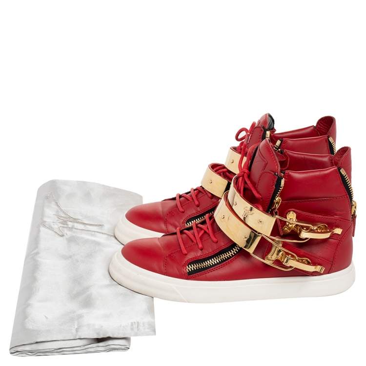 Pre Owned Giuseppe Zanotti Red Leather London Double Buckle High Top Sneakers Size 39 