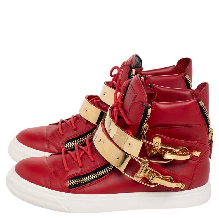 Pre Owned Giuseppe Zanotti Red Leather London Double Buckle High Top Sneakers Size 39 