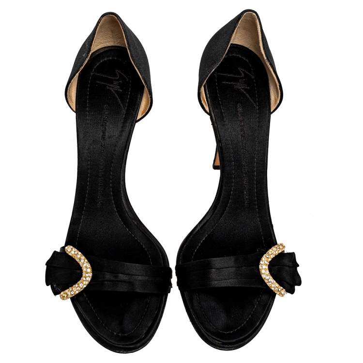 Pre Owned Giuseppe Zanotti Black Satin Embellished Open Toe Pumps Size 40