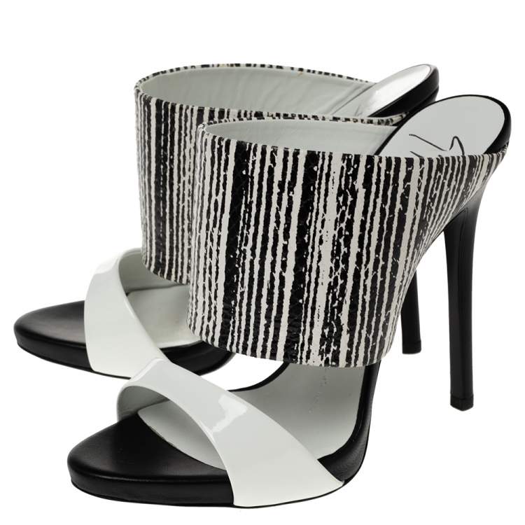 Pre Owned Giuseppe Zanotti Black/White Patent and Snakeskin Embossed Leather Andrea Sandals Size 36