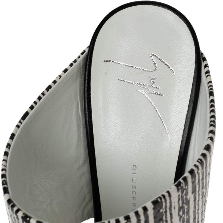 Pre Owned Giuseppe Zanotti Black/White Patent and Snakeskin Embossed Leather Andrea Sandals Size 36