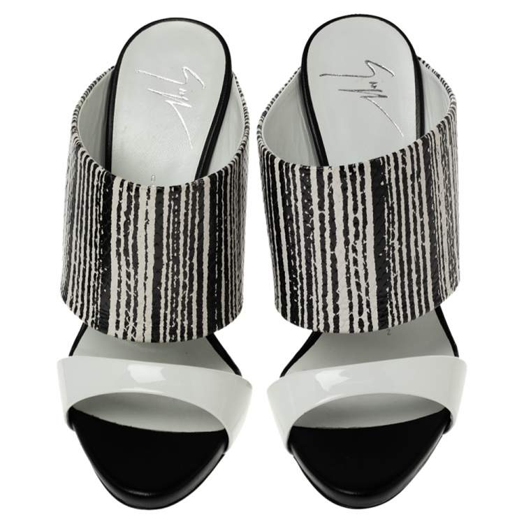 Pre Owned Giuseppe Zanotti Black/White Patent and Snakeskin Embossed Leather Andrea Sandals Size 36