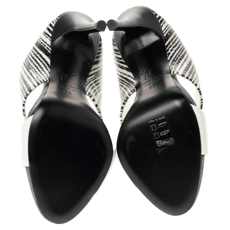 Pre Owned Giuseppe Zanotti Black/White Patent and Snakeskin Embossed Leather Andrea Sandals Size 36