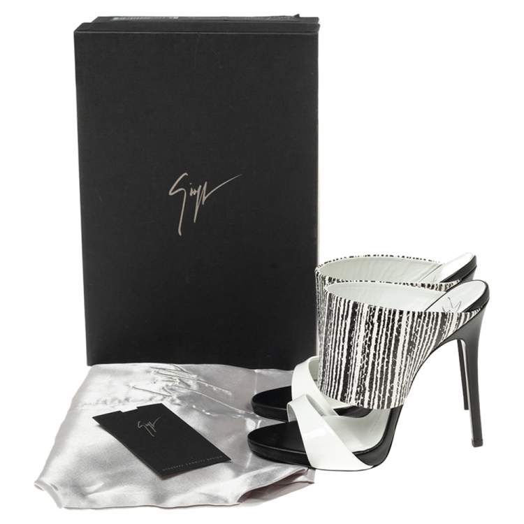 Pre Owned Giuseppe Zanotti Black/White Patent and Snakeskin Embossed Leather Andrea Sandals Size 36