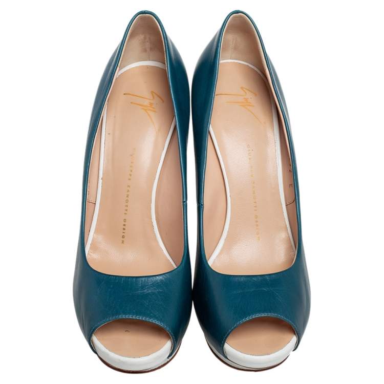 Pre Owned Giuseppe Zanotti Blue Leather Peep Toe Platform Pumps Size 41