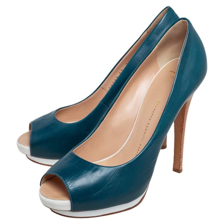 Pre Owned Giuseppe Zanotti Blue Leather Peep Toe Platform Pumps Size 41