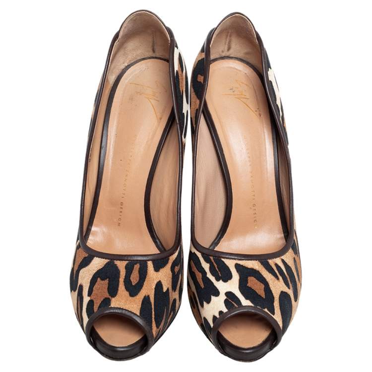 Pre Owned Giuseppe Zanotti Leopard Print Canvas and Leather Trim Peep Toe Pumps Size 41