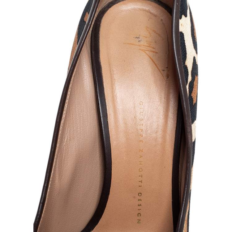Pre Owned Giuseppe Zanotti Leopard Print Canvas and Leather Trim Peep Toe Pumps Size 41
