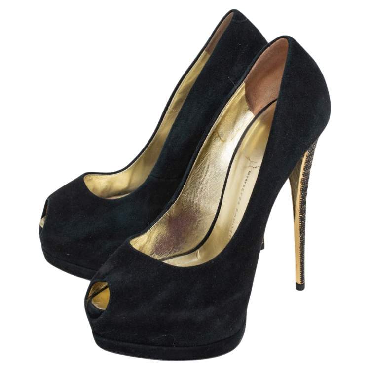 Pre Owned Giuseppe Zanotti Black Suede Peep Toe Platform Pumps Size 36