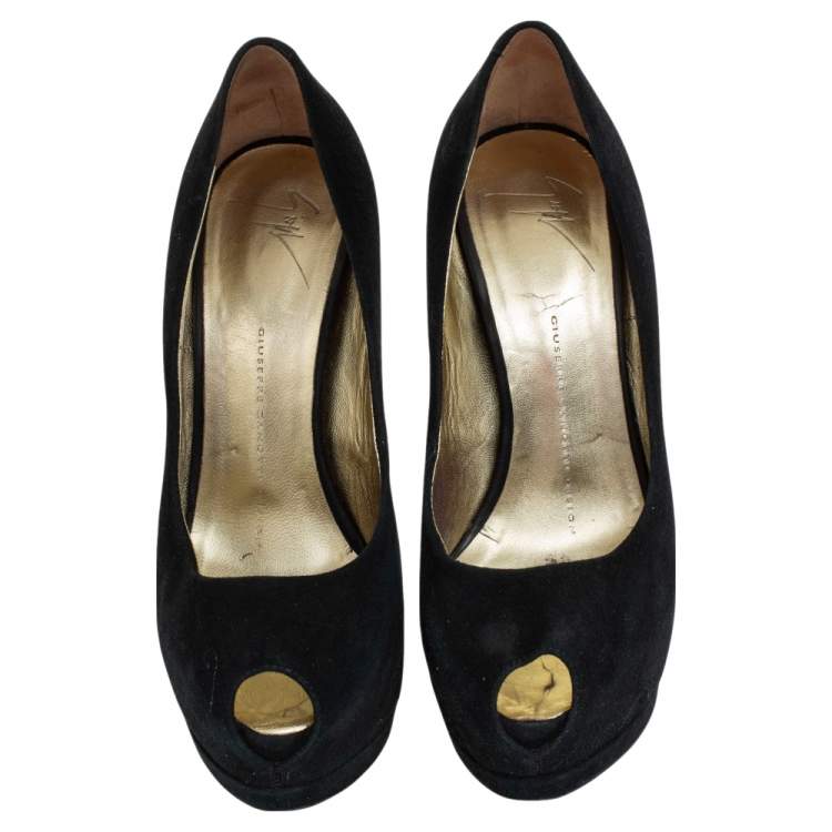 Pre Owned Giuseppe Zanotti Black Suede Peep Toe Platform Pumps Size 36