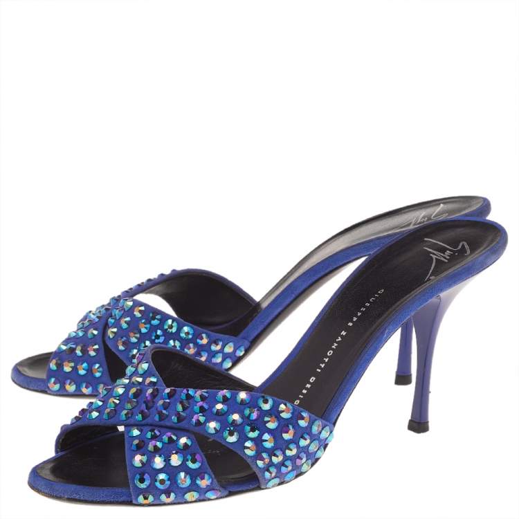 Pre Owned Giuseppe Zanotti Blue Suede Embellished Slide Sandals Size 40