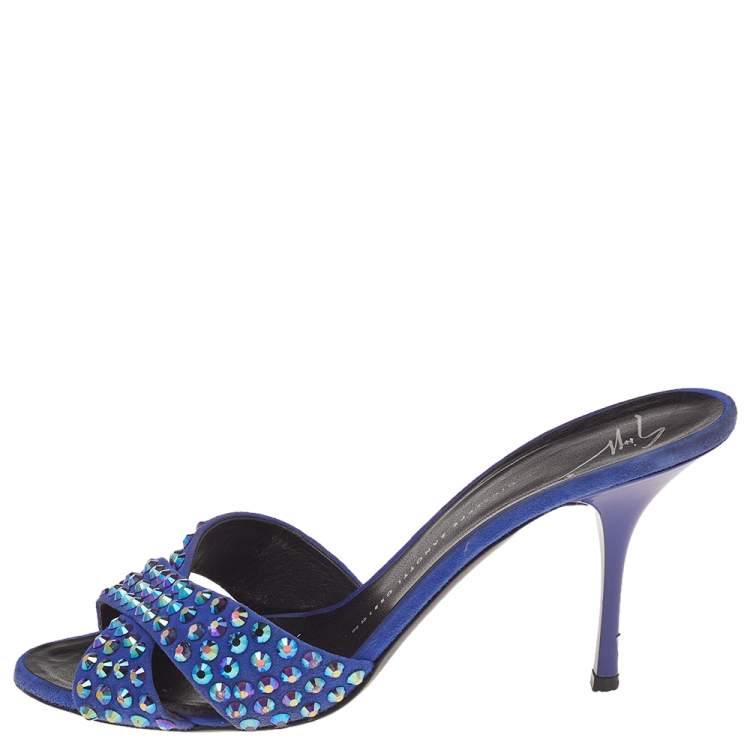 Pre Owned Giuseppe Zanotti Blue Suede Embellished Slide Sandals Size 40