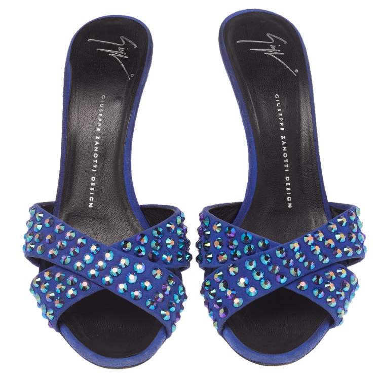 Pre Owned Giuseppe Zanotti Blue Suede Embellished Slide Sandals Size 40