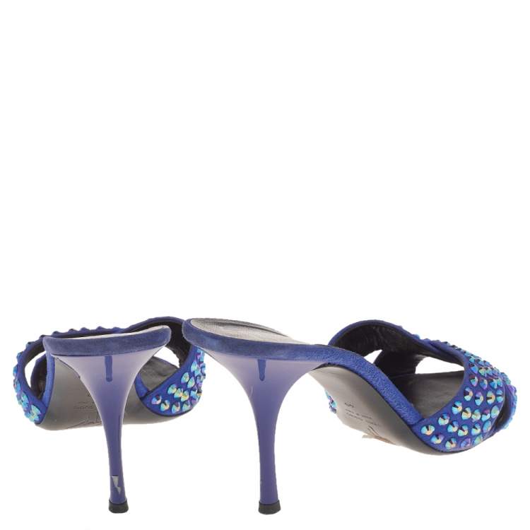 Pre Owned Giuseppe Zanotti Blue Suede Embellished Slide Sandals Size 40