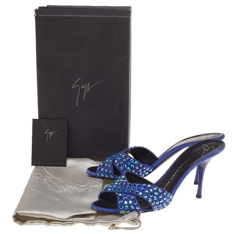 Pre Owned Giuseppe Zanotti Blue Suede Embellished Slide Sandals Size 40