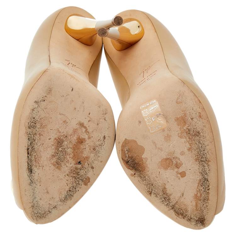 Pre Owned Giuseppe Zanotti Beige Leather Metal Trim Peep Toe Pumps Size 39.5