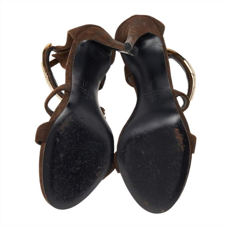 Pre Owned Giuseppe Zanotti Brown Suede Alien Ankle Strap Sandals Size 37