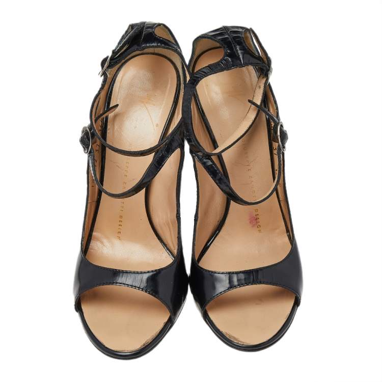 Pre Owned Giuseppe Zanotti Black Leather Embellished Heel Ankle Strap Sandals Size 37