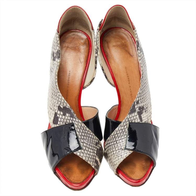 Pre Owned Giuseppe Zanotti Multicolor Python Embossed And Patent Leather D'orsay Peep Toe Pumps Size 38