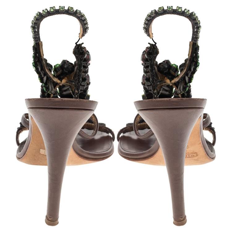 Pre Owned Giuseppe Zanotti Brown Leather Crystal Embellished Strappy Sandals Size 39.5