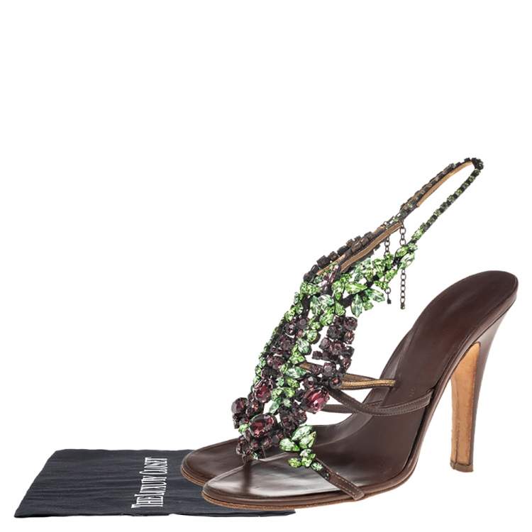 Pre Owned Giuseppe Zanotti Brown Leather Crystal Embellished Strappy Sandals Size 39.5