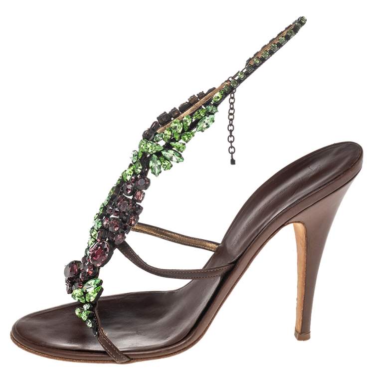 Pre Owned Giuseppe Zanotti Brown Leather Crystal Embellished Strappy Sandals Size 39.5