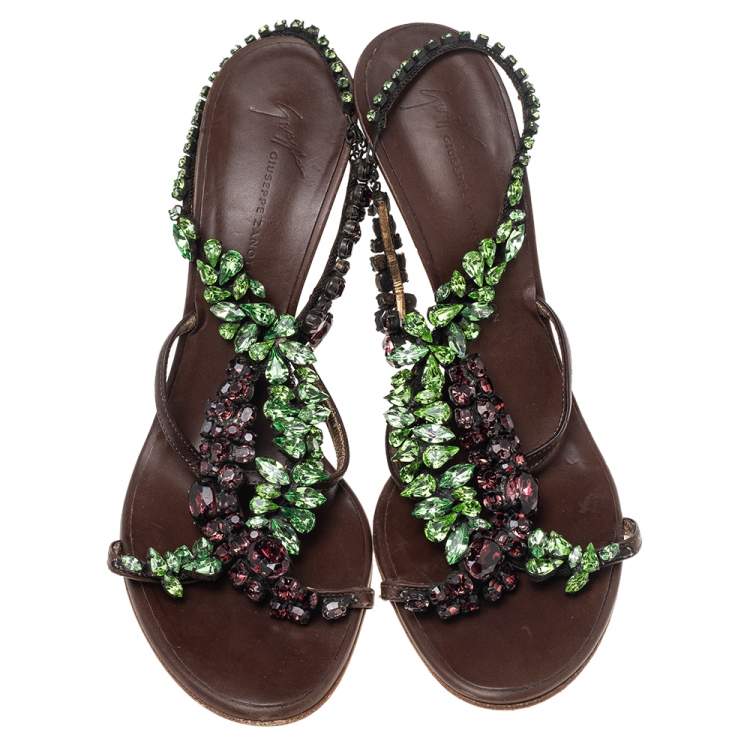 Pre Owned Giuseppe Zanotti Brown Leather Crystal Embellished Strappy Sandals Size 39.5